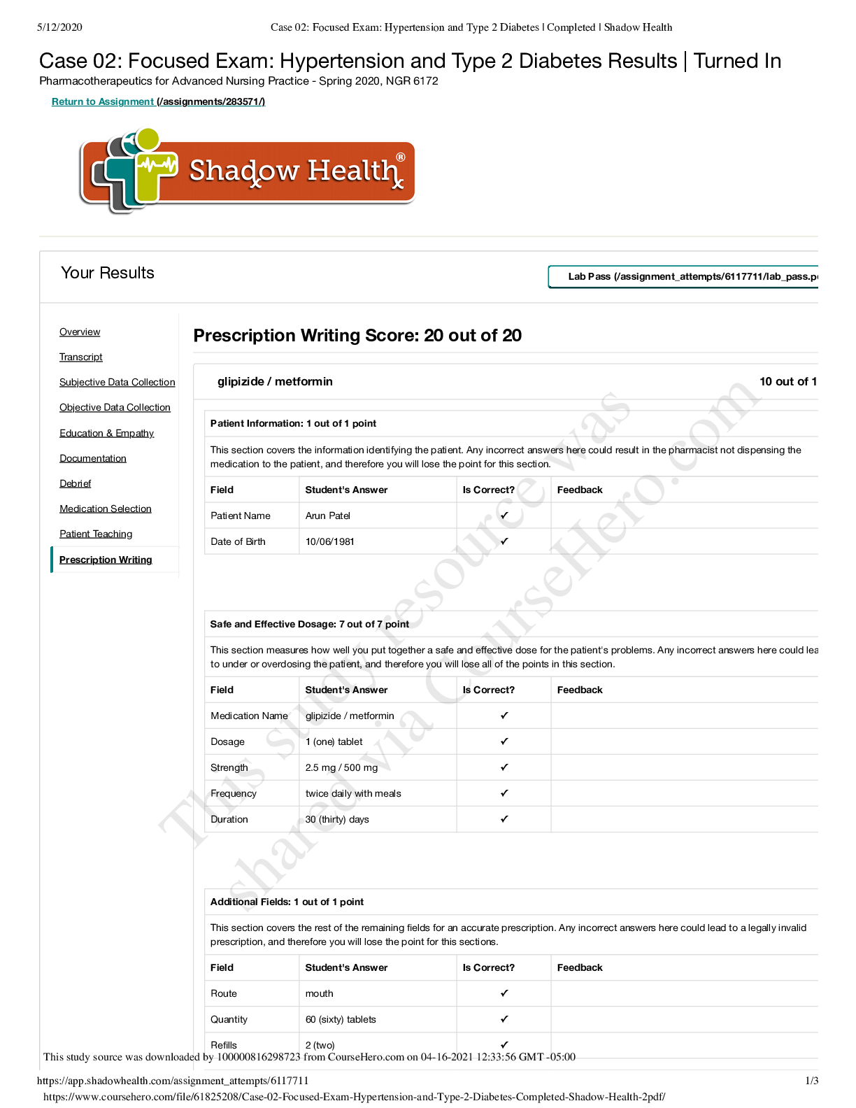 Preview of Case 02_ Focused Exam_ Hypertension and Type 2 Diabetes _ Completed _ Shadow Health 2
